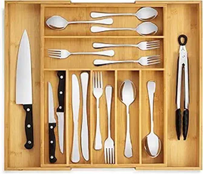 Purawood Bamboo Expandable Silverware Drawer Organizer