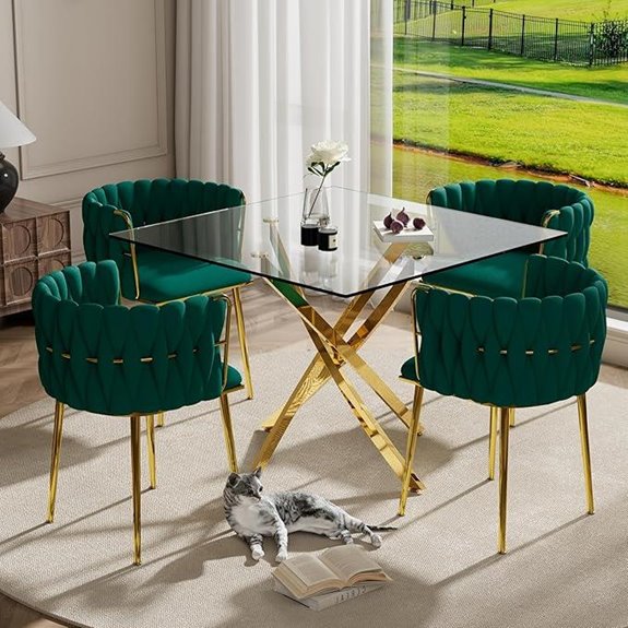 Modern 4-Piece Glass Dining Table Set with Green Woven Chairs