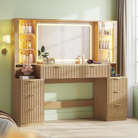 Large Fluted Wood Vanity Desk with LED Lights