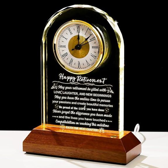 Glass Retirement Clock with Wooden Light Base