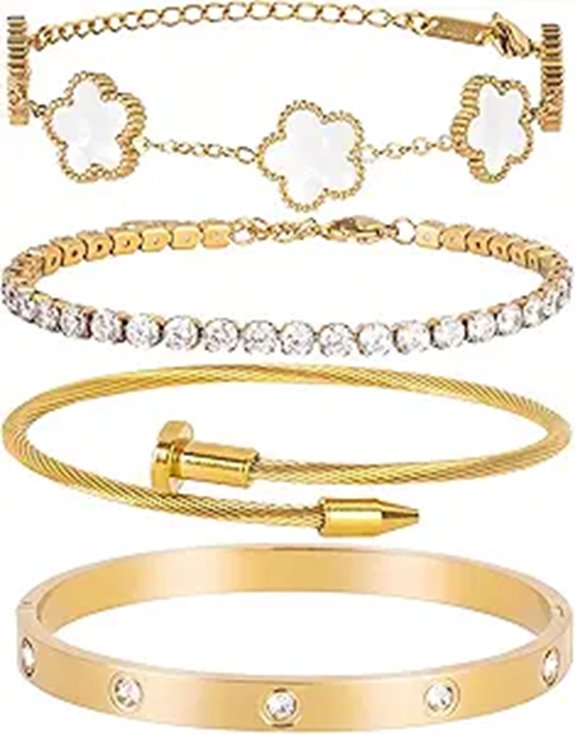 18K Gold Plated Floral Clover Bangle Set for Women