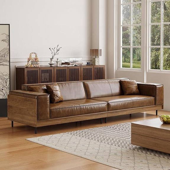 Mid-Century Leather Sofa 3-Seater with Wooden Accents