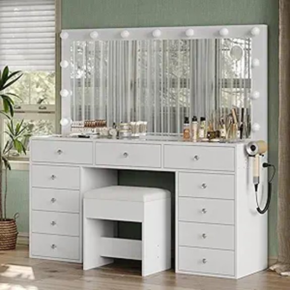 11-Drawer Vanity Desk with Lights and Mirror