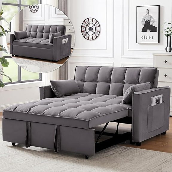 Velvet Sleeper Sofa Bed with Pockets and Adjustable Back