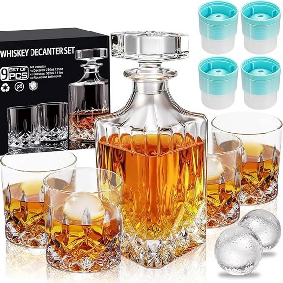 Whiskey Decanter Set with 4 Glasses and Ice Molds