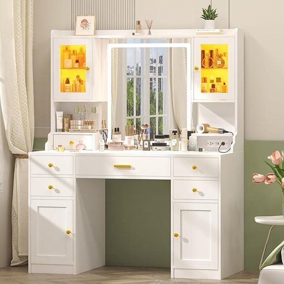 White Vanity Desk with Lights Mirror & Storage