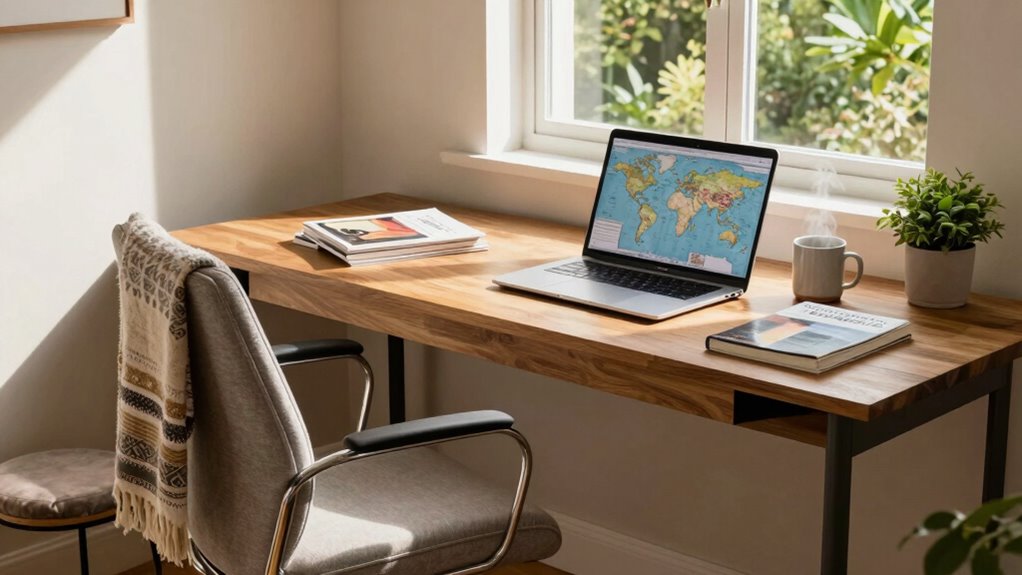 comfortable travel planning workspace